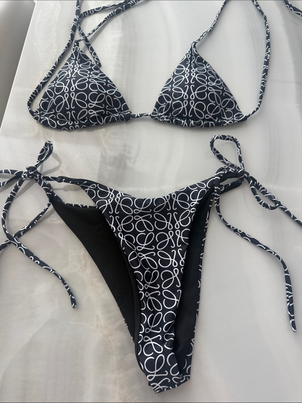 Loewe Black & White Logo-Print Tie-Side Triangle Bikini